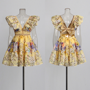 <strong>Romantic</strong> Yellow Floral Print Mini <strong>Dress</strong> Women V Neck Ruffle Sleeve Bow Back Party <strong>Dress</strong> for Beach Vacation Bridesmaid Wholesale - Product Image 2