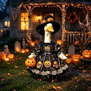 Déguisement d'oie de porche d'Halloween noir et or imprimé citrouille avec chapeau de sorcière, statue d'oie pour jardin extérieur, décoration de vacances - Product Image 5