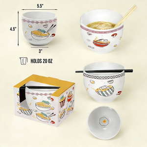 Witte op maat gemaakte porseleinen noedelkom met stokjes en doosverpakking - Product Image 4