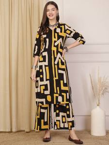 Kurta de algodón puro con cuello en V estampado geométrico negro y amarillo con Palazzos para mujer producto a granel ropa de mujer personalizada - Product Image 3