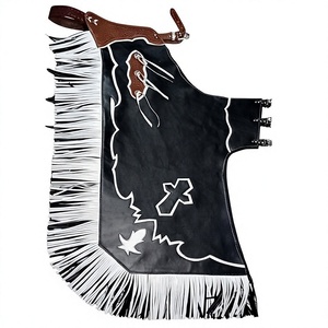 Chaps de performance western en cuir noir sur mesure, taille haute, longueur intégrale, pour la pratique du rodeo, avec passepoil contrastant blanc et patch croix - Product Image 1