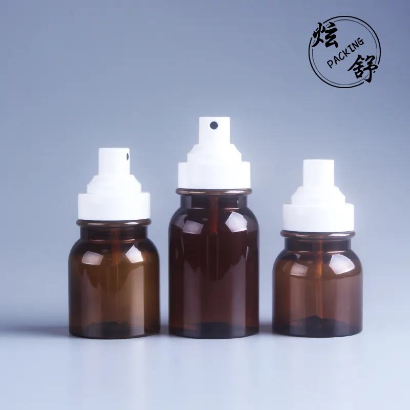 customized wholesale empty frosted 50ml 80ml 100ml 120ml 150ml PET plastic spray bottle amber cosmetic bottle jar wit lids