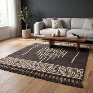 Bohemian Geometric Area <b>Rug</b> Rectangle Dark Gray Cream Fringe Flat Weave Living Room <b>Rug</b> Non Slip Latex Backing - Product Image 4