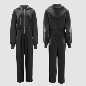 Conjunto casual de moda para mujer con cremallera, sudadera con capucha y hombros caídos de manga larga, y pantalón de pierna ancha elástico de cintura alta. - Product Image 6