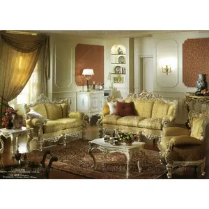 Rococo design francês madeira esculpir quadro de tecido amarelo sofá sala de estar móveis