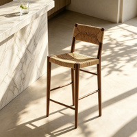 Tabourets de bar vintage en bois massif et rotin, design rétro, avec dossier, assise en cannage, repose-pieds, sans accoudoirs, pour îlot de cuisine, comptoir, bar, café, pub