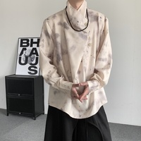 Chemise décontractée ample à col montant irrégulier et manches longues pour homme, imprimé délavé à l'encre, pour la mode streetwear, vente en gros de hauts pour homme, chemise homme