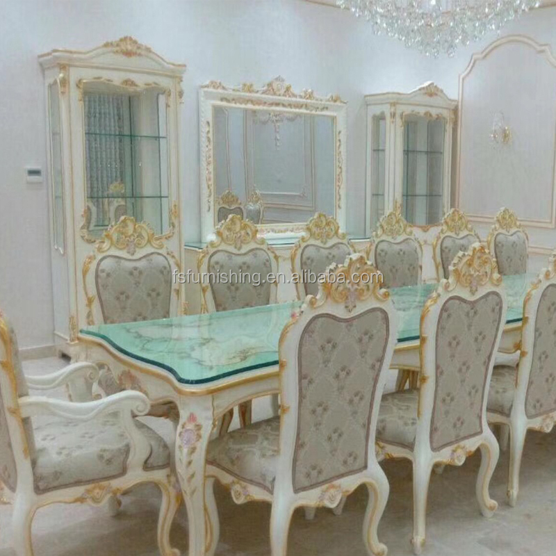 Мебель для столовой CL05 в французском стиле с золотыми листьями, элегантный очень длинный обеденный стол в стиле барокко со стеклянной крышкой для 14 человек