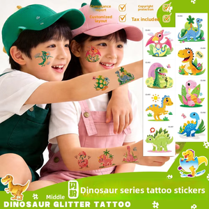 Autocollants de tatouage à transfert d'eau à paillettes motif dessin animé pour enfants, mignons petits dinosaures, <span class=keywords><strong>film</strong></span> d'eau, pour l'approvisionnement transfrontalier - Product Image 1