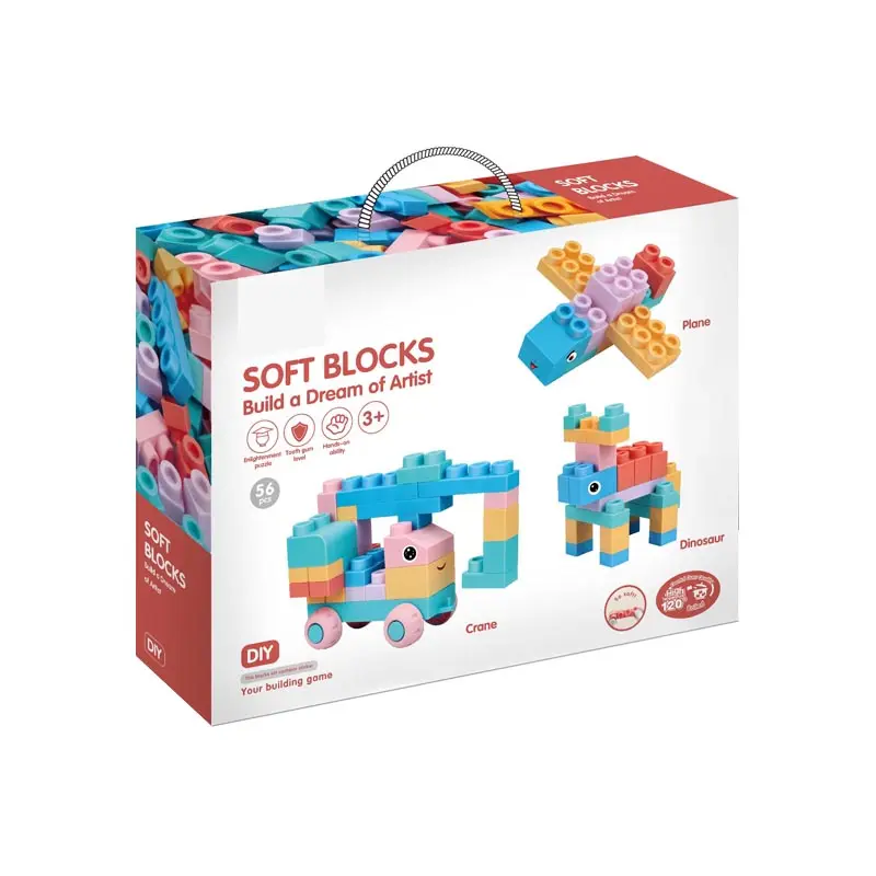 Blocos de aprendizagem do bebê, blocos macios de construção, 56 peças de montagem colorida diy, blocos de borracha macia, brinquedo