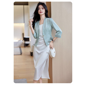 Metropolitan Aesthetics Women's Satin Two-Piece Suit Set Red Blazer With Skirt Office Workwear Elegant Modern Style - Product Image 5