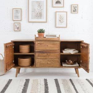 Commode en teck massif de style mid-century modern avec 3 tiroirs et design patchwork pour le rangement dans le salon - Product Image 5