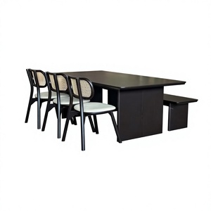 Modern Dining Room <b>Set</b> Rectangular Dining Table with <b>Bench</b> and Cane Back Chairs Space Saving <b>Kitchen</b> Furniture - Product Image 2