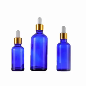 Botol minyak esensial kemasan kosmetik 30ml botol tetes kaca biru dengan tutup emas