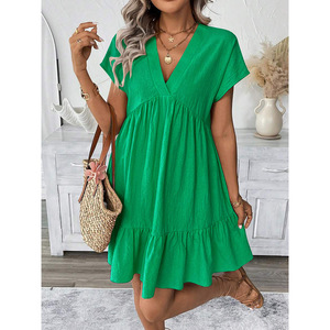 Verano nuevo color sólido cuello pico suelto estilo vacaciones vestido - Product Image 3