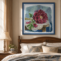 Kit de broderie au point de croix pré-imprimé DIY, motif pivoine rouge faite à la main, sur toile, pour décoration murale