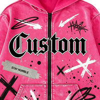 Vente en gros de vêtements ODM : Sweat à capuche zippé en polaire streetwear, effet vieilli, avec graphique numérique Kornit DTG, fuchsia
