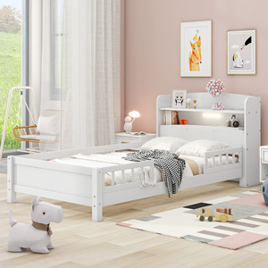 White Solid Wood <b>Kids</b> Bed With <b>Storage</b> Shelf For Children Bedroom Furniture - Product Image 4
