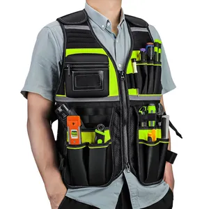 电工工作服全能工作工具背心反光安全工具背心，带多口袋和拉链重型工具背心