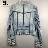 Veste Bomber en Jean Délavé Style Napoléon LARSUR, Coupe Slim, Col Montant, pour Moto, Veste Hussar en Jean Court