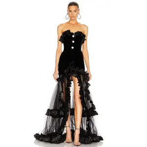 2020 Christmas Women Velvet Long Lace Peplum Transparent Off the Shoulder Black Party Dresses