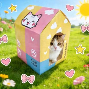 Maison pour chat en papier, forme carrée, motif mignon avec pattes et nuages, fabriquée à Shenzhen - Product Image 3