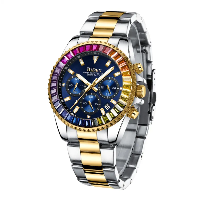 BIDEN 0163-1Unique Rainbow Crystals Diamond Mans Watch Quartz Wristwatches With Stainless Steel Strap Swiss Quartz Watch