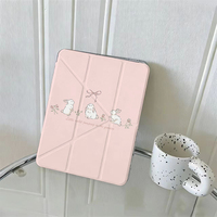 Étui pour iPad avec imprimé floral mignon de lapin, support multi-angles pliable en Y, dos transparent en PC, anti-chute, fin, esthétique douce, housse de protection pour tablette