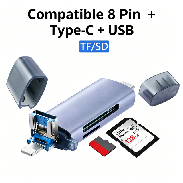 For IOS/Type-C/USB Phone Card Reader USB Aluminum Alloy 3-in-1 Multi-Function TF/SD Card Reader for Laptops and PhonesRead/write