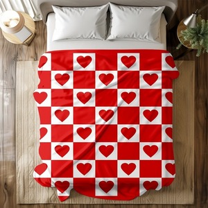 Red White Heart Checkered Plush Throw <b>Blanket</b> Rectangular Modern Style Home Use Four Seasons Warm Cozy Cover - Product Image 3