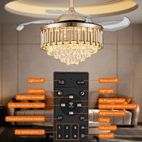 Ventilateur de plafond moderne intelligent avec 4 pales rétractables de 42 pouces, lustre en cristal, lumière LED, 3 couleurs LED pour chambre à coucher, appartement