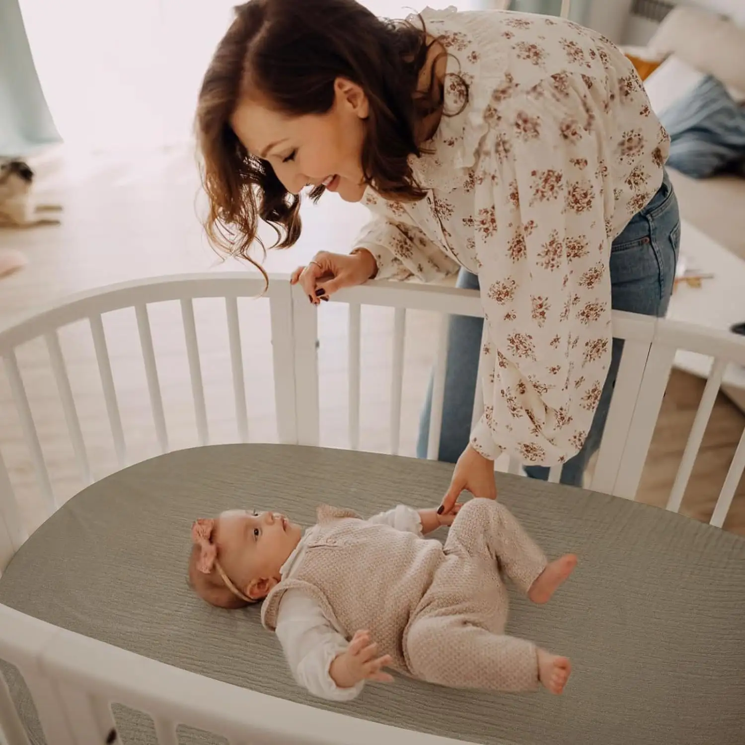 Bayi Muslin Bassinet lembar boks bayi lembar bayi perempuan laki-laki 100% katun dipasang Oval jam pasir persegi panjang bantalan penutup kasur