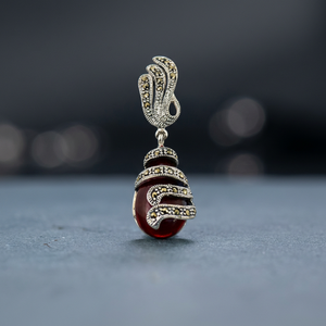 Vintage 925 Silver Rhodium Plated <b>Pendant</b> Red Crystal Marcasite Accents Channel Set Themed Charm Everyday Wear Women's Style - Product Image 4