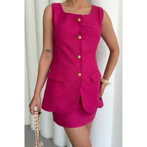 Ensemble gilet en lin jacquard et jupe courte imprimée moulante, robe d'été fuchsia avec décoration à motifs - Product Image 6