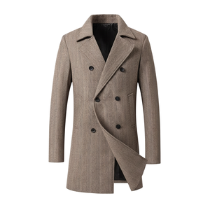<b>Men</b> Herringbone Twill Wool <b>Double</b> <b>Breasted</b> Long Coat Notch Lapel Slim Fit Belted Winter <b>Overcoat</b> - Product Image 1