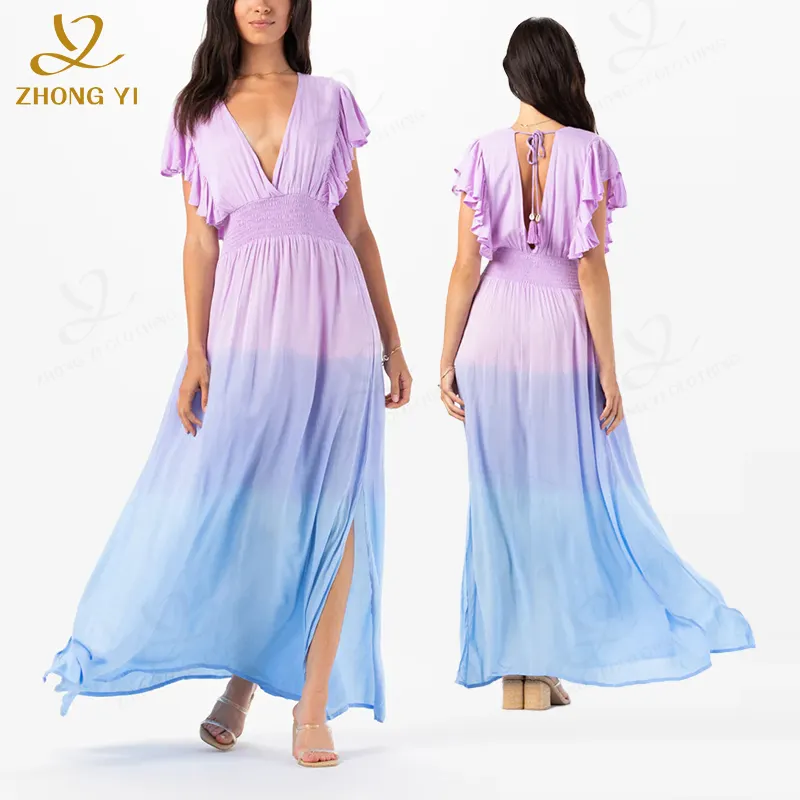 Servizi di Design di abbigliamento estivo personalizzato moda donna elegante spiaggia lungo elastico in vita con maniche larghe Maxi abito Casual