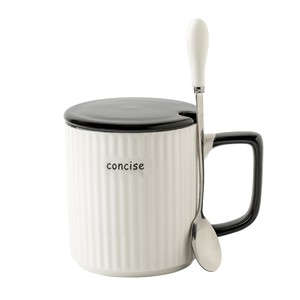 Taza de cerámica con tapa y cuchara, diseño minimalista, estampado de letras, uso en el hogar y la oficina, apta para microondas, apta para lavavajillas - Product Image 5