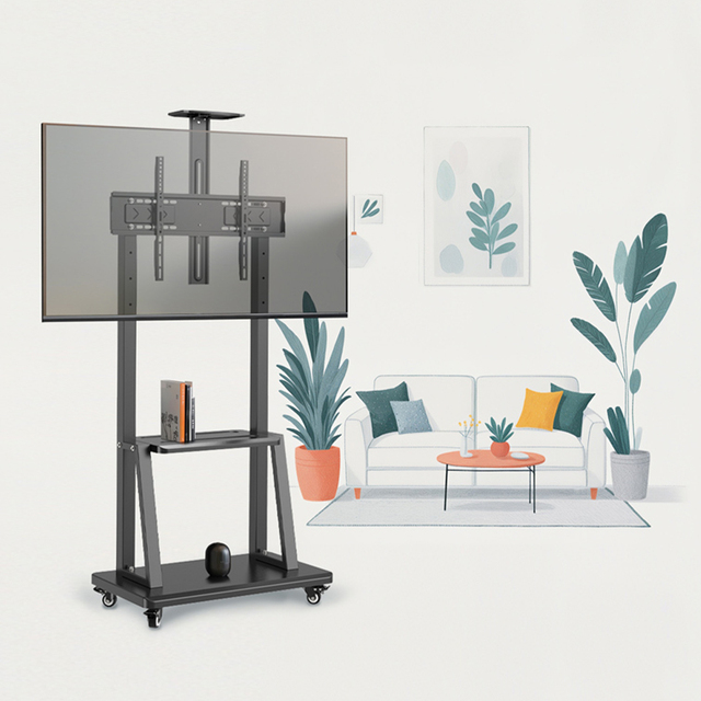 TV Trolley Mobile TV Cart with Locking Wheels and 360 Degree Rotate Metal Shelf TV Stand