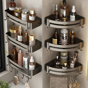 Soporte de almacenamiento para baño sin perforación, diseño triangular de aluminio espacial, estante de pared montado en la pared, estante de esquina de baño doble - Product Image 1