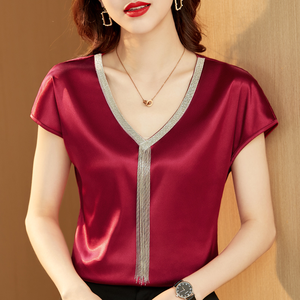 Camicie e Bluse Moda Donna, Top in Seta Tinta Unita <span class=keywords><strong>con</strong></span> Scollo <span class=keywords><strong>a</strong></span> V, <span class=keywords><strong>Maniche</strong></span> <span class=keywords><strong>a</strong></span> <span class=keywords><strong>Pipistrello</strong></span> in Raso <span class=keywords><strong>con</strong></span> Nappe, per Donna, Ufficio, Casual, Vestibilità Ampia - Product Image 3