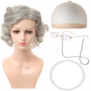 Perruque de grand-mère Halloween, cheveux courts bouclés, pour cosplay de femme âgée, homme âgé, adulte unisexe d'âge moyen/<span class=keywords><strong>mature</strong></span>, costume en soie - Product Image 2
