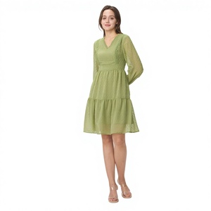 ผู้ผลิตเสื้อผ้า ชุดเดรสฤดูร้อนแบบมีระบาย คอวี ผ้าทอพิมพ์ลายดิจิทัล ซักได้ ความยาวปานกลาง สำหรับผู้หญิง - Product Image 1