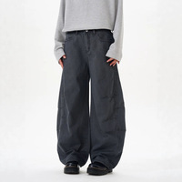 Pantalon parachute streetwear Y2K délavé unisexe, taille élastique, coupe ample et baggy, avec coutures de panneaux, en coton ballon