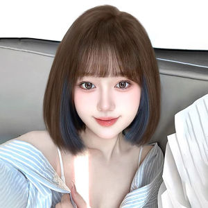 Peluca Corta Lisa Azul con Reflejos y Flequillo, Fibra Kanekalon, Cobertura Completa, Línea de Cabello Natural, Encaje Transparente - Product Image 2