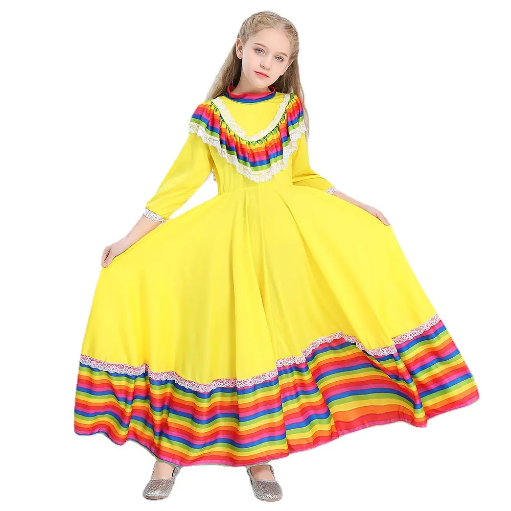 Fabriek Op Maat Gemaakte Meisjes Nationale Mexicaanse Stijl Kostuum Mexicaanse Dansrokken Halloween Kids Lange Jurk