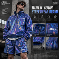 Fabricant de vêtements streetwear personnalisés, ensemble veste et short, coupe-vent holographique pour homme, survêtement OEM ODM, fournisseur de vêtements à marque privée