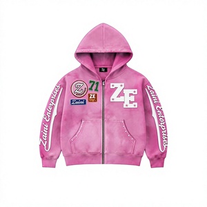 Sudadera con capucha y cremallera para mujer, 400 GSM, algodón polar, rosa, lavado vintage, bordado personalizado, parche de chenilla, estampado puff, estilo urbano - Product Image 1