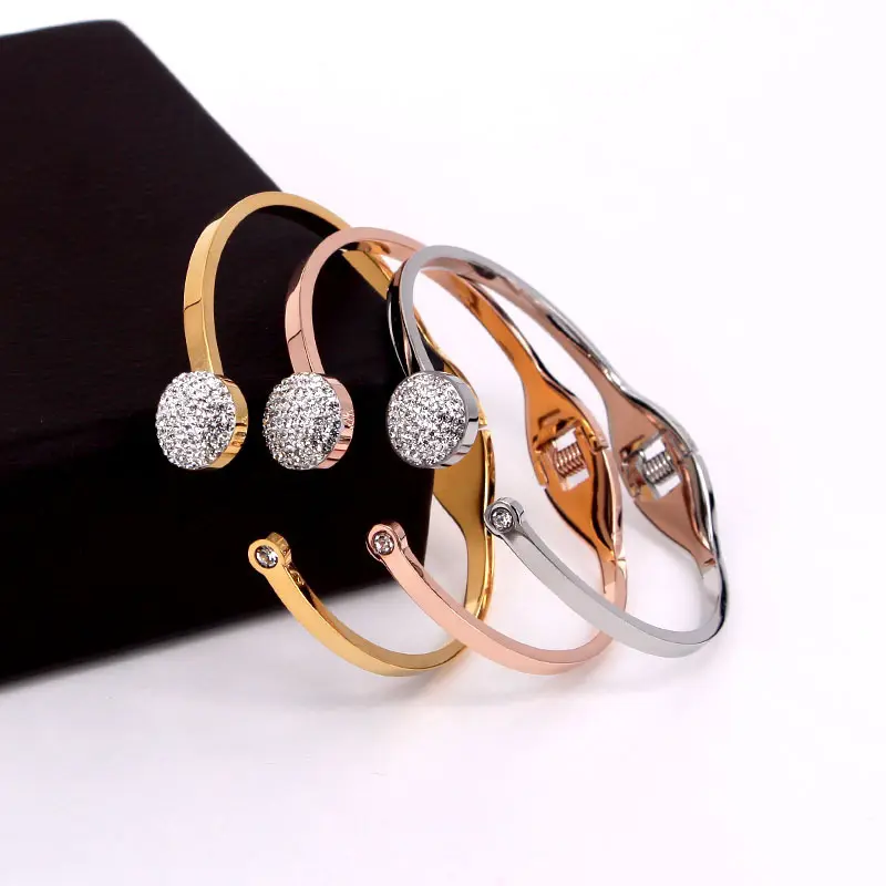 Zircon Spinning Charm Cuff Designer Inspired Gold Plated Stainless Steel Bangles Jewelry Women Bracelet