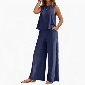 Women's <b>2</b> <b>Piece</b> <b>Set</b> Sleeveless O-Neck Top With Wide Leg Pants Solid <b>White</b> Casual Spring Summer Loose Fit Crepe Fabric - Product Image 6