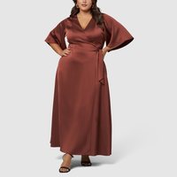 Robe décontractée grande taille pour femme, robe unie pour femme, robe longue modeste en soie personnalisée à manches courtes, col en V et devant noué